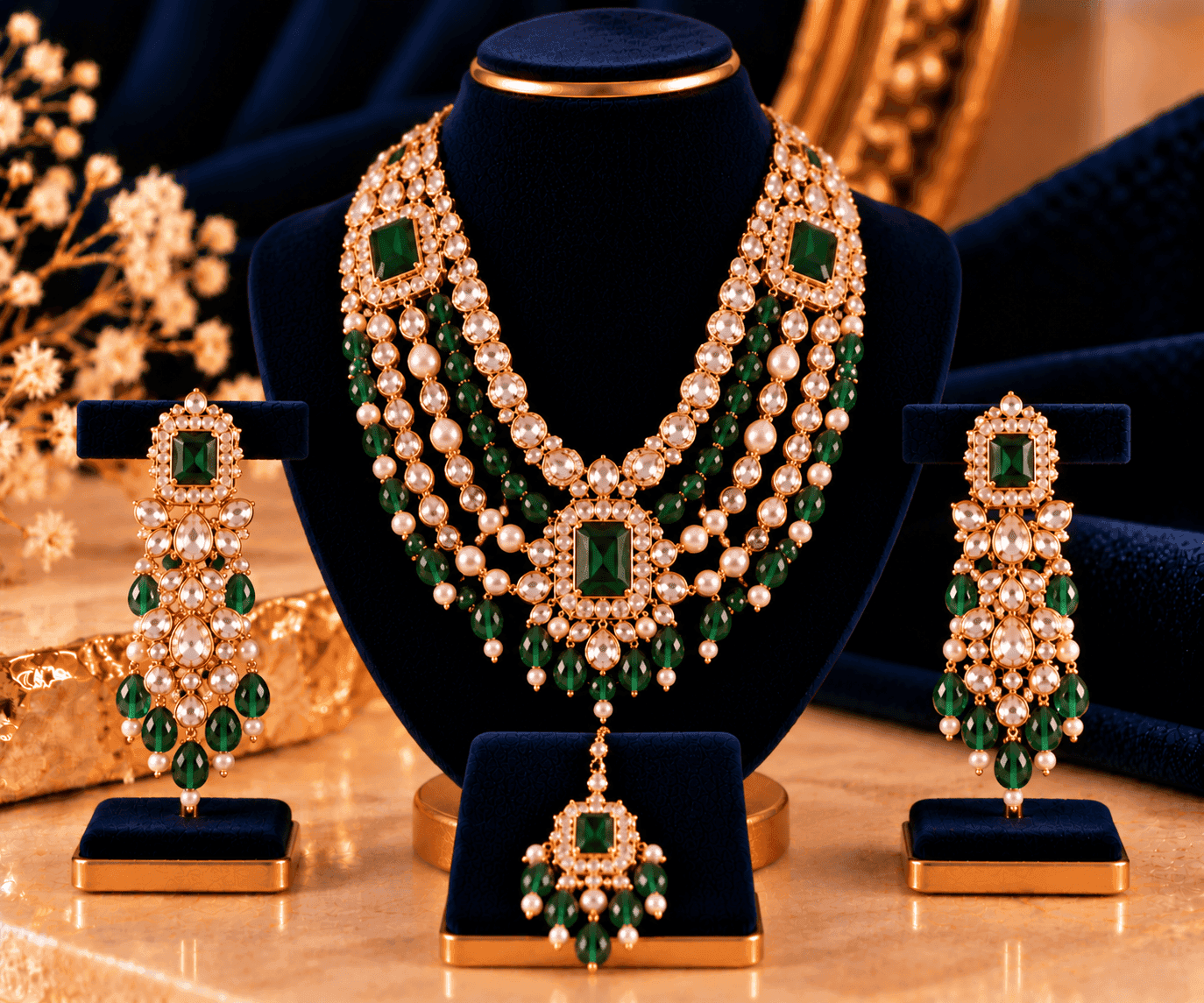 Aahana Emerald Rani Haar — Long emerald necklace with large kundan pendant