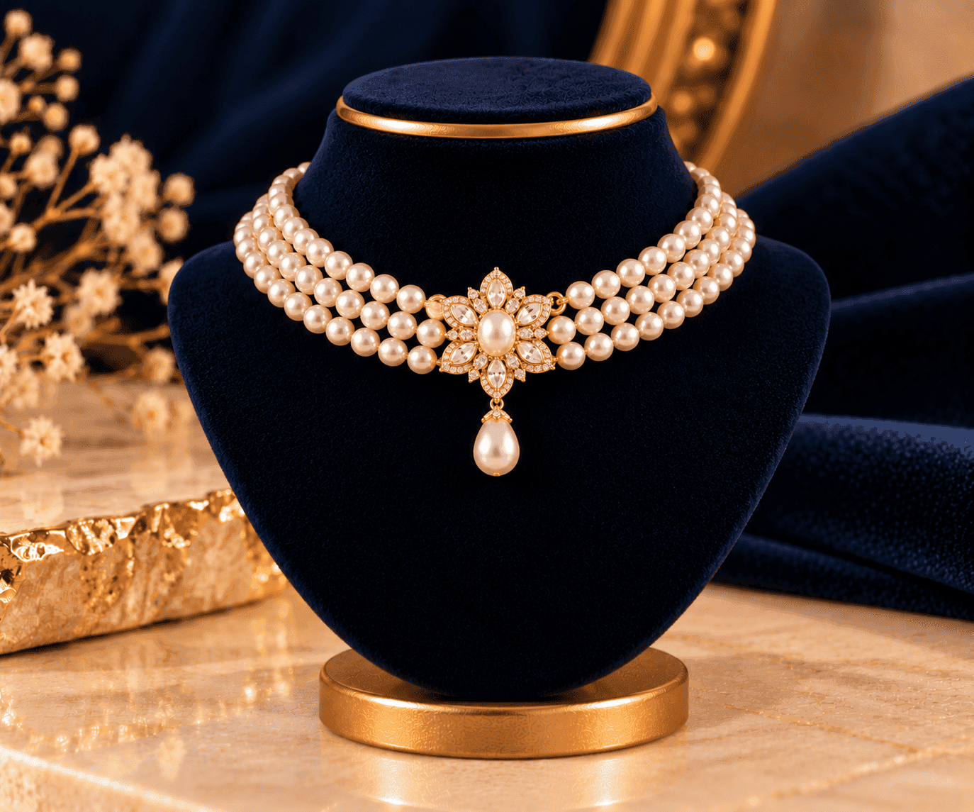 Aarohi Pearl Choker — Multi-row pearl choker with crystal centre