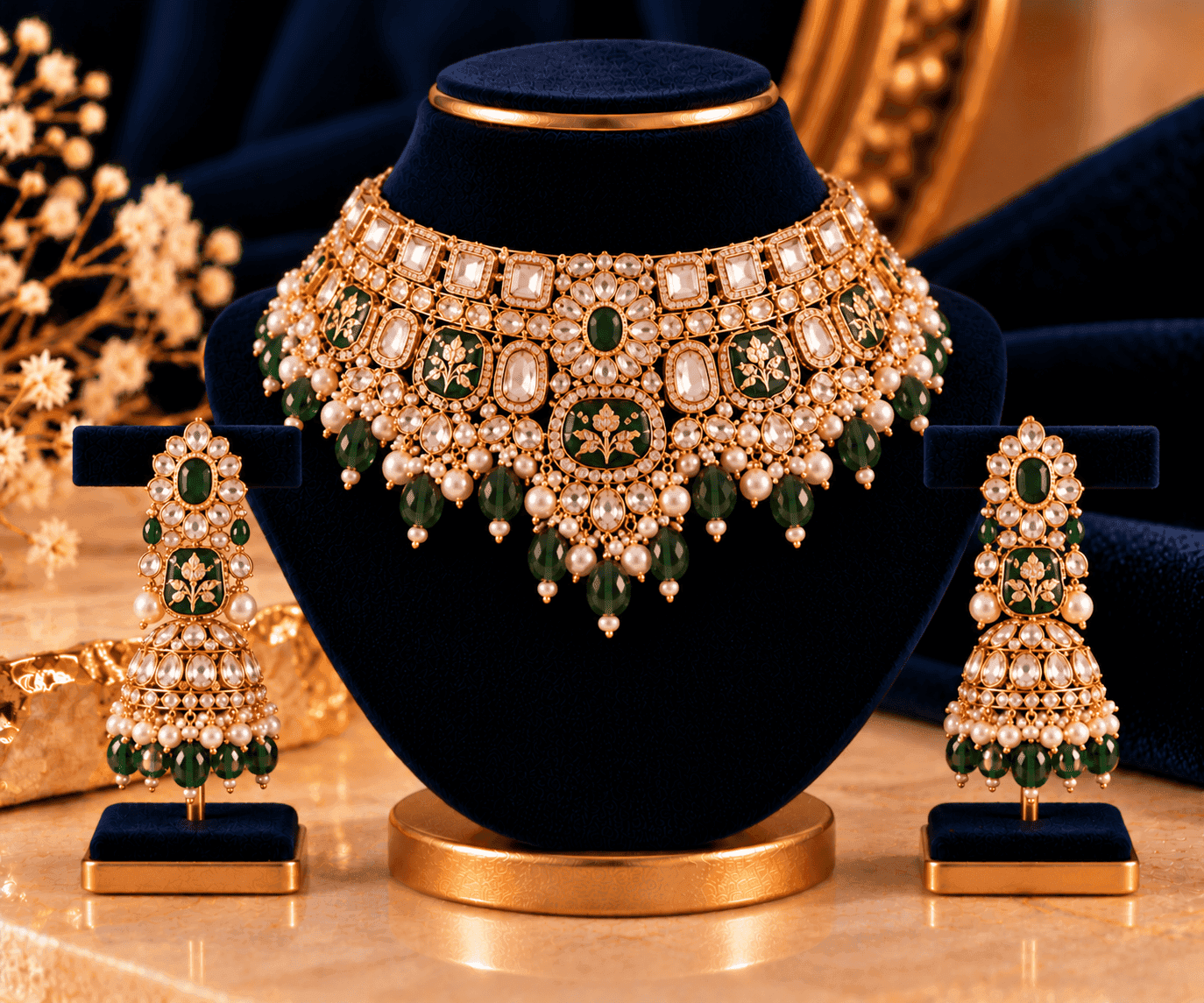 Jahanara Heritage Choker — Wide antique-gold royal choker with earrings