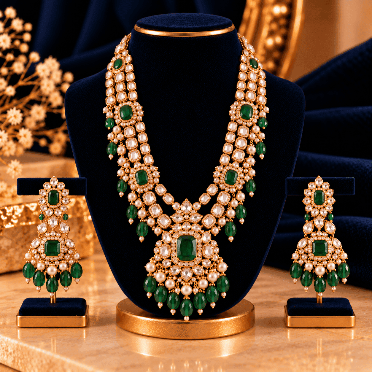 Mehr Emerald Maharani Set — Long emerald-and-kundan necklace with earrings