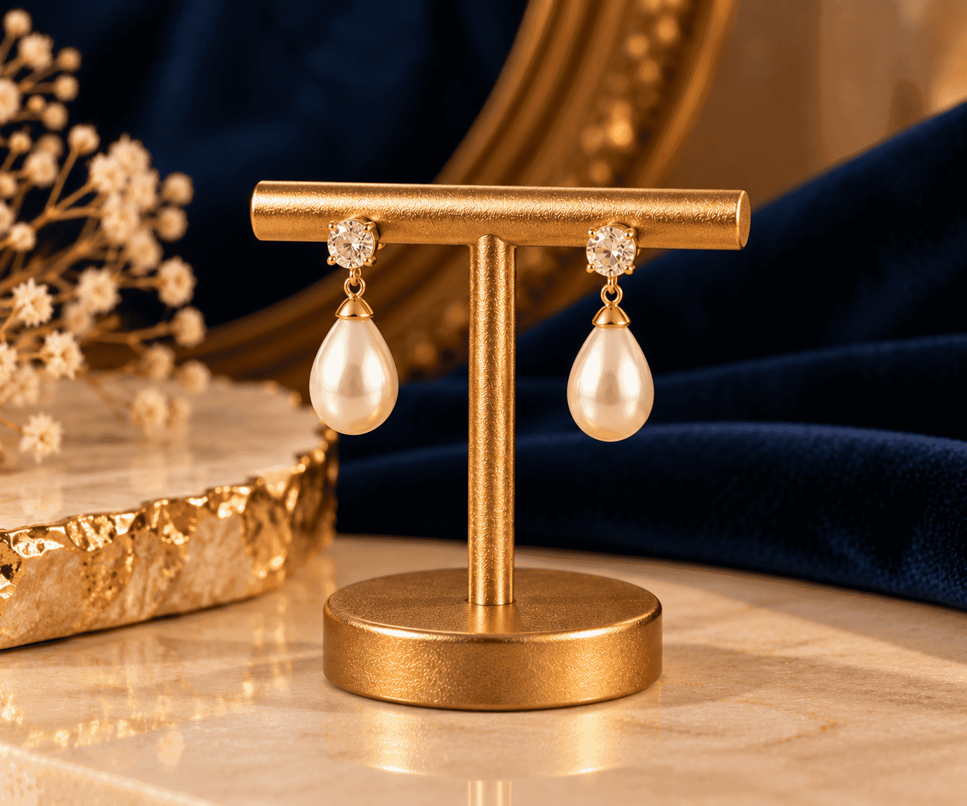 Mira Pearl Drop Earrings — Pearl drops with gold-tone setting
