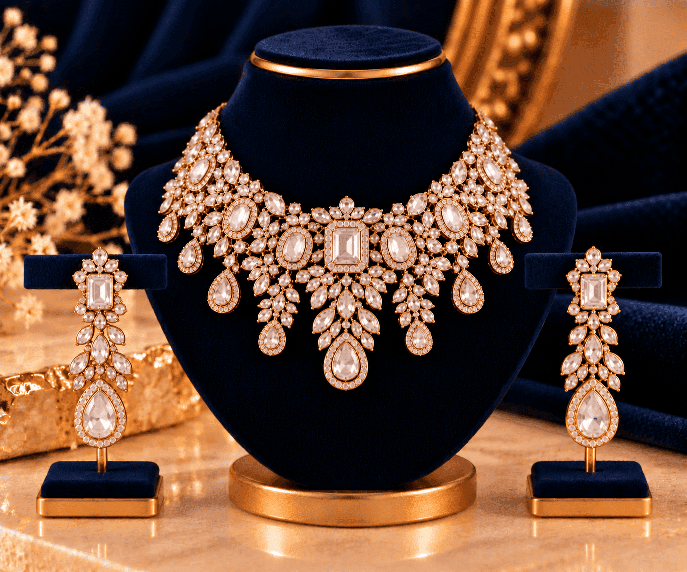 Myra Polki Necklace Set — Bridal-style polki necklace and earrings