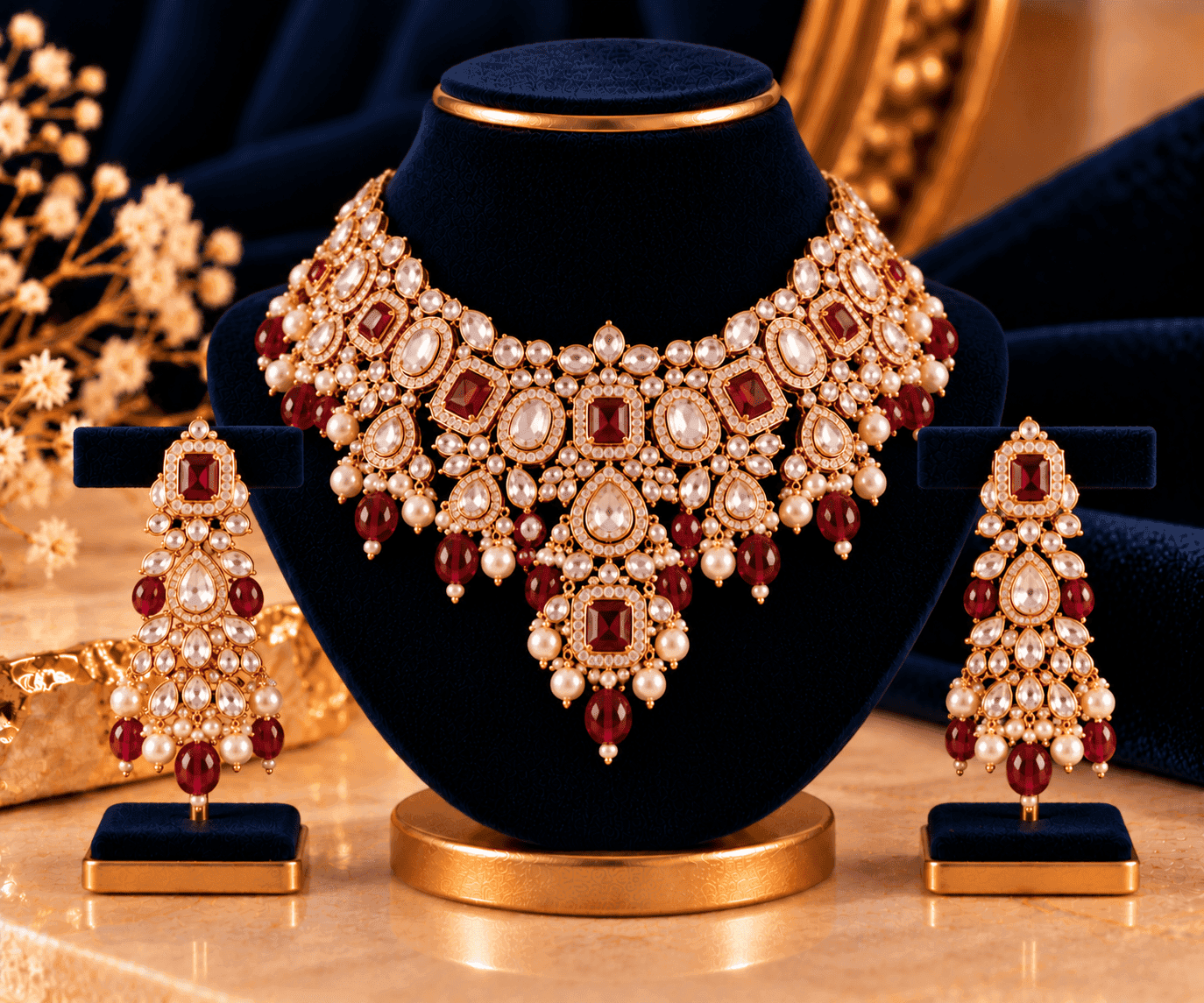 Anaya Ruby Kundan Set — Ruby-red stones with kundan and pearl detailing