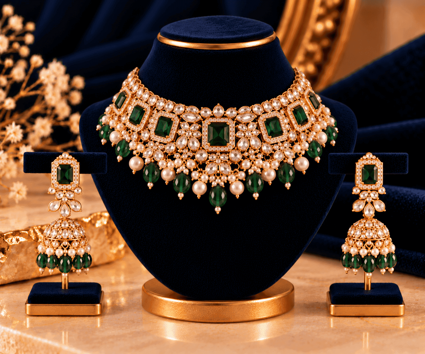 Inaya Emerald Choker Set — Emerald stones, kundan work and earrings