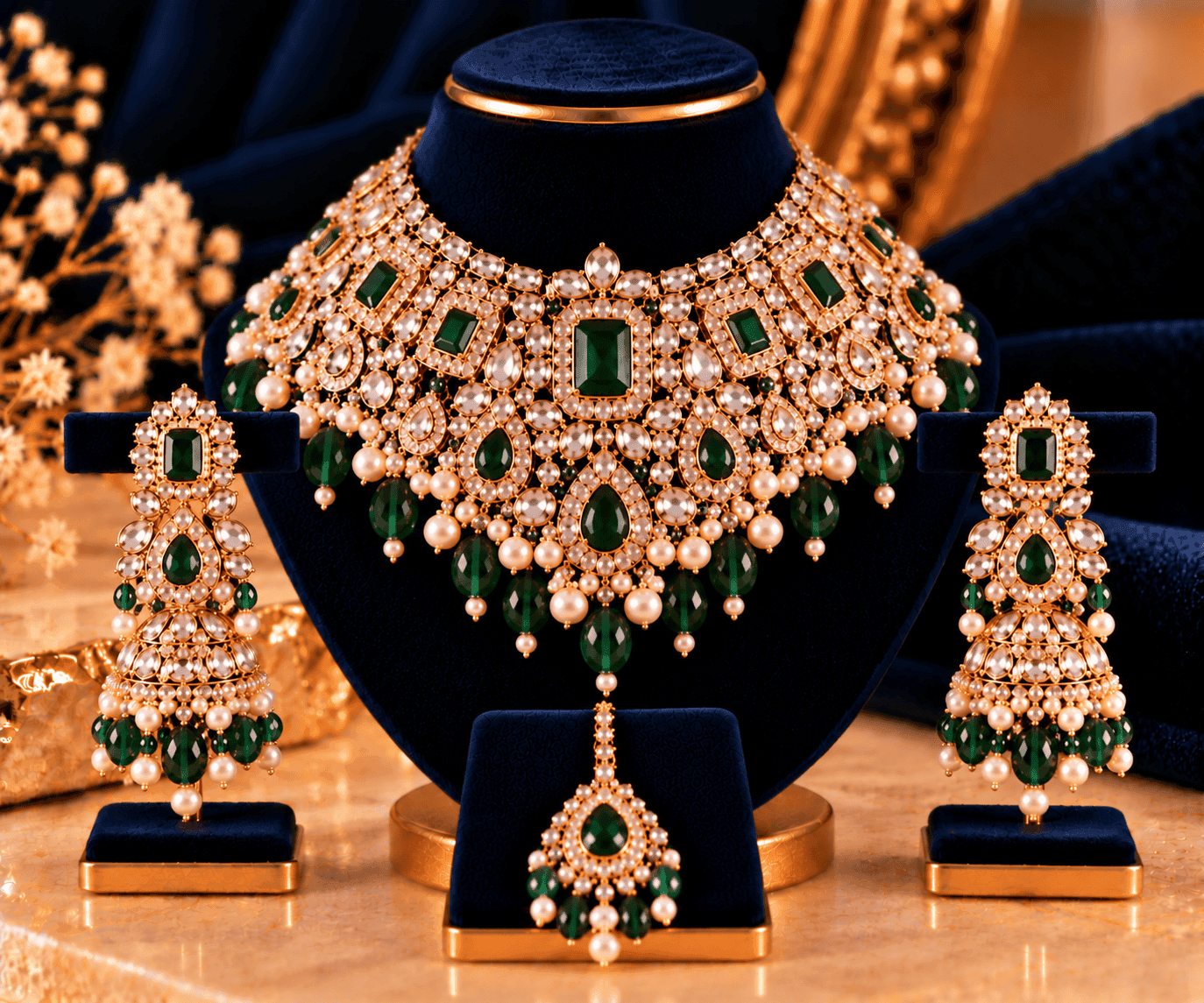 Jodha Polki Grand Bridal Set — Oversized polki necklace, choker, earrings and tikka