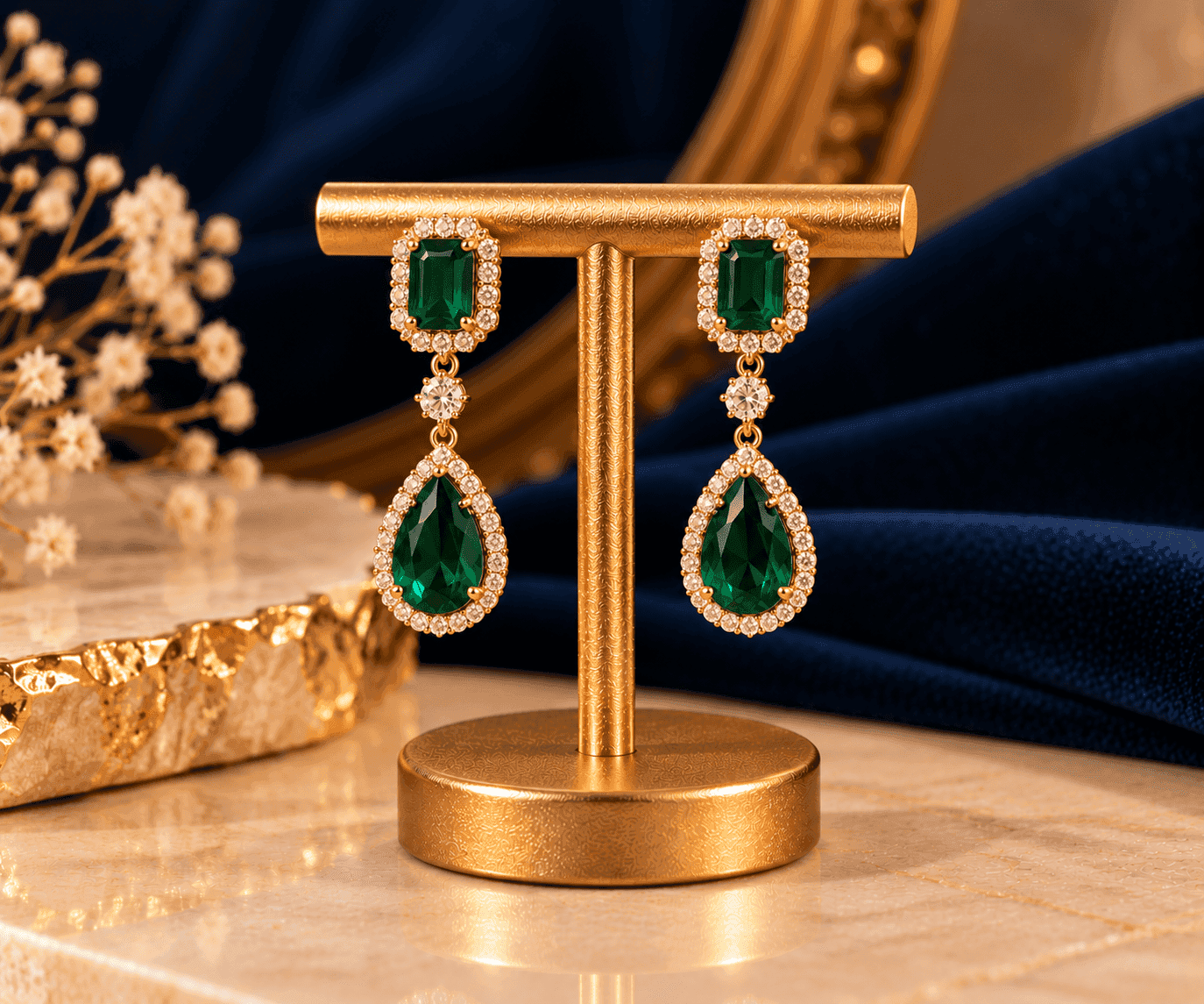 Kiara Emerald Drop Earrings — Emerald-green stones with crystal detailing
