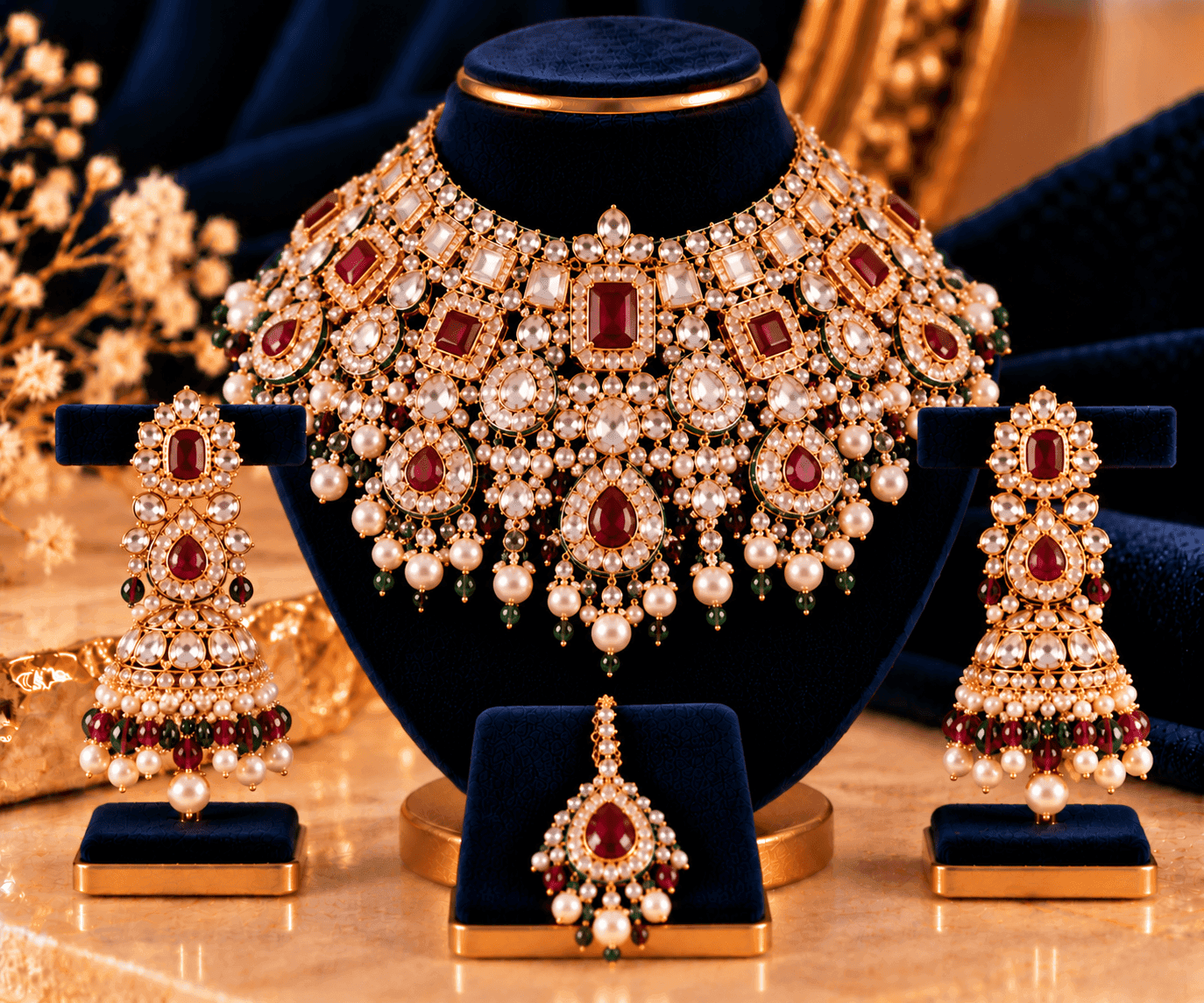 Nayab Royal Kundan Bridal Set — Kundan necklace, earrings, tikka and passa