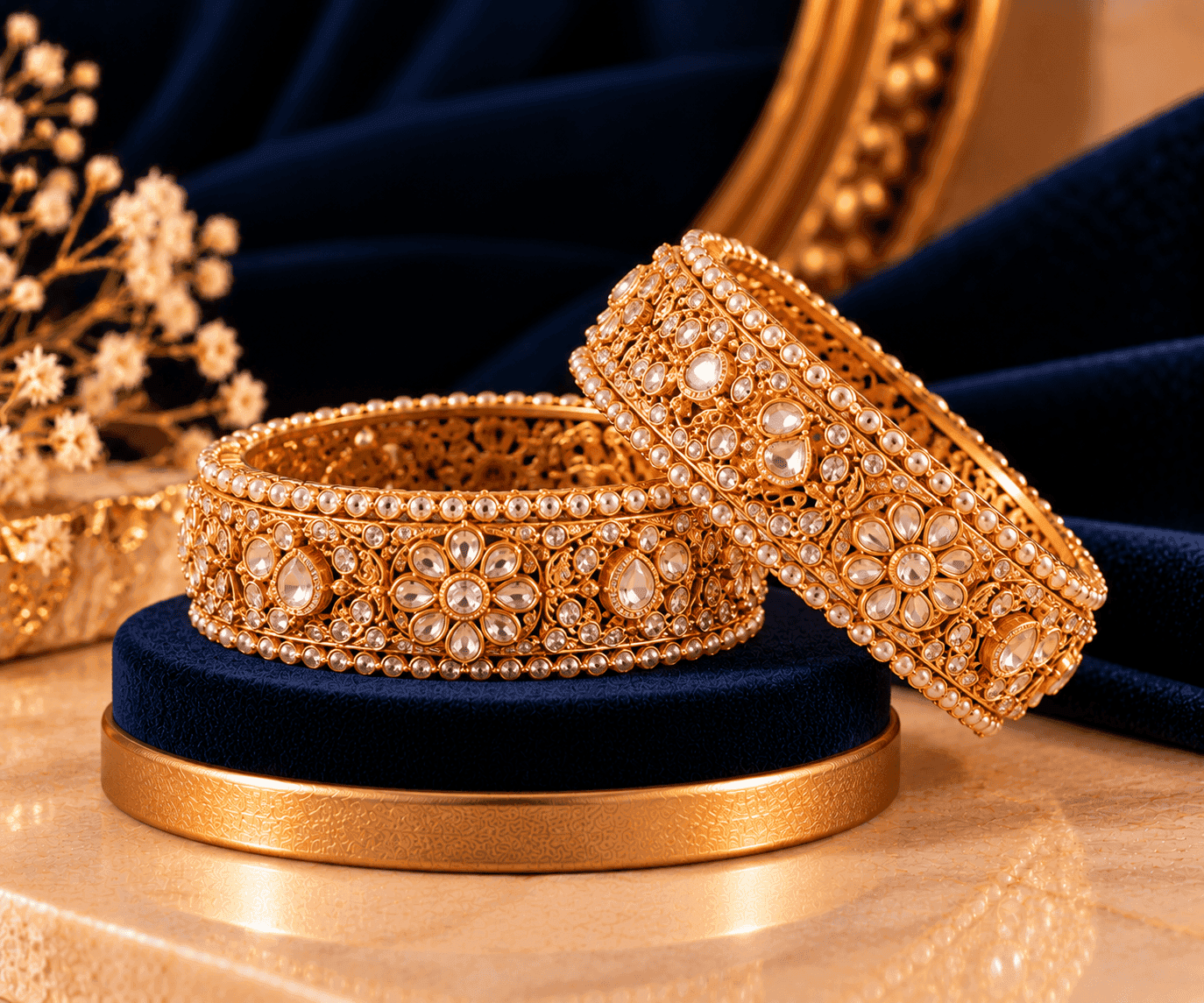 Nyra Antique Gold Bangles — Set of four antique-gold carved bangles