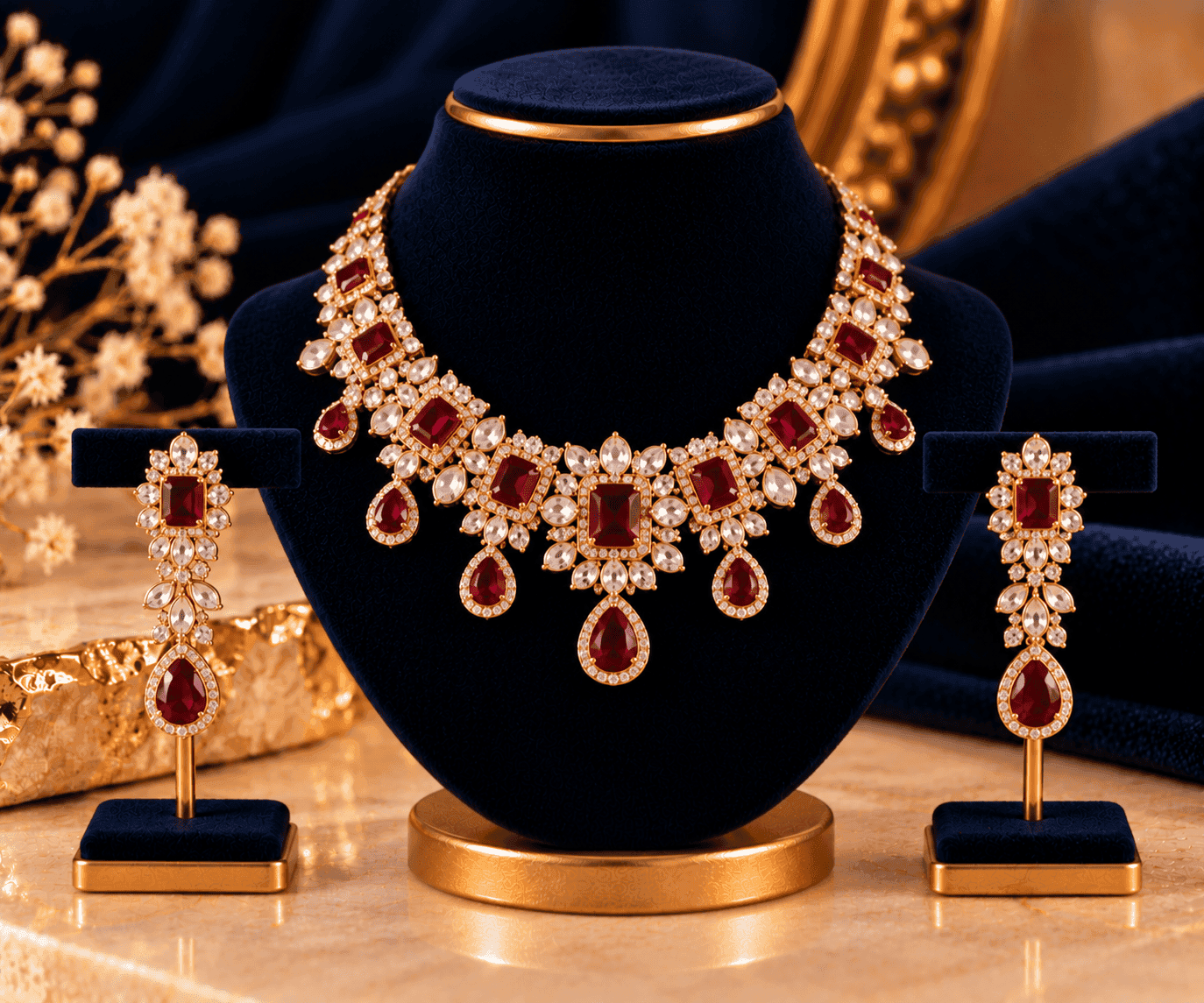 Saanvi Ruby Statement Necklace — Ruby-red stones surrounded by clear crystals