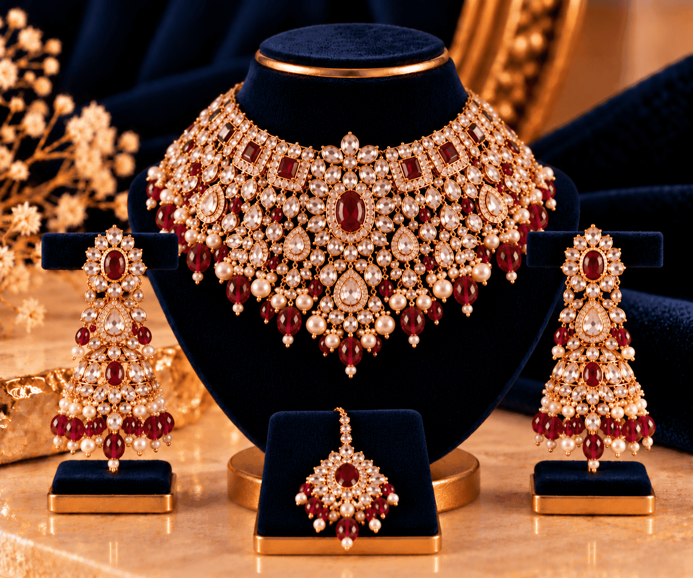 Saira Royal Ruby Bridal Set — Layered ruby, kundan and pearl bridal jewellery