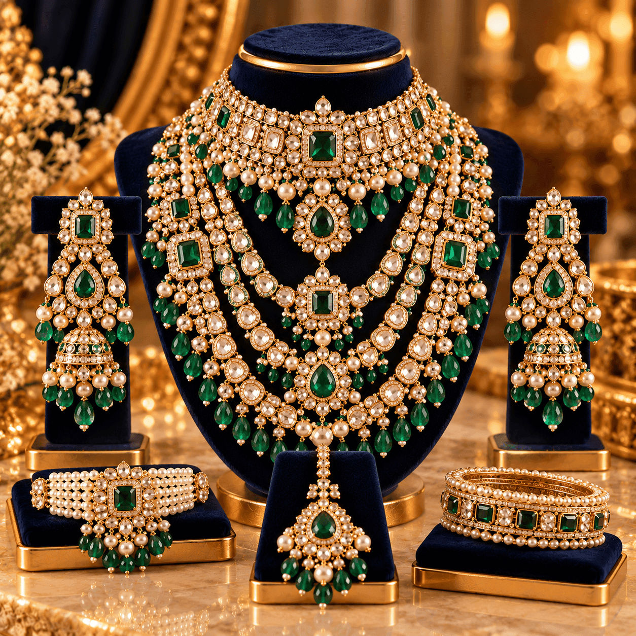 Zenith Imperial Bridal Collection — Multi-layer kundan, emerald, pearl and crystal bridal set